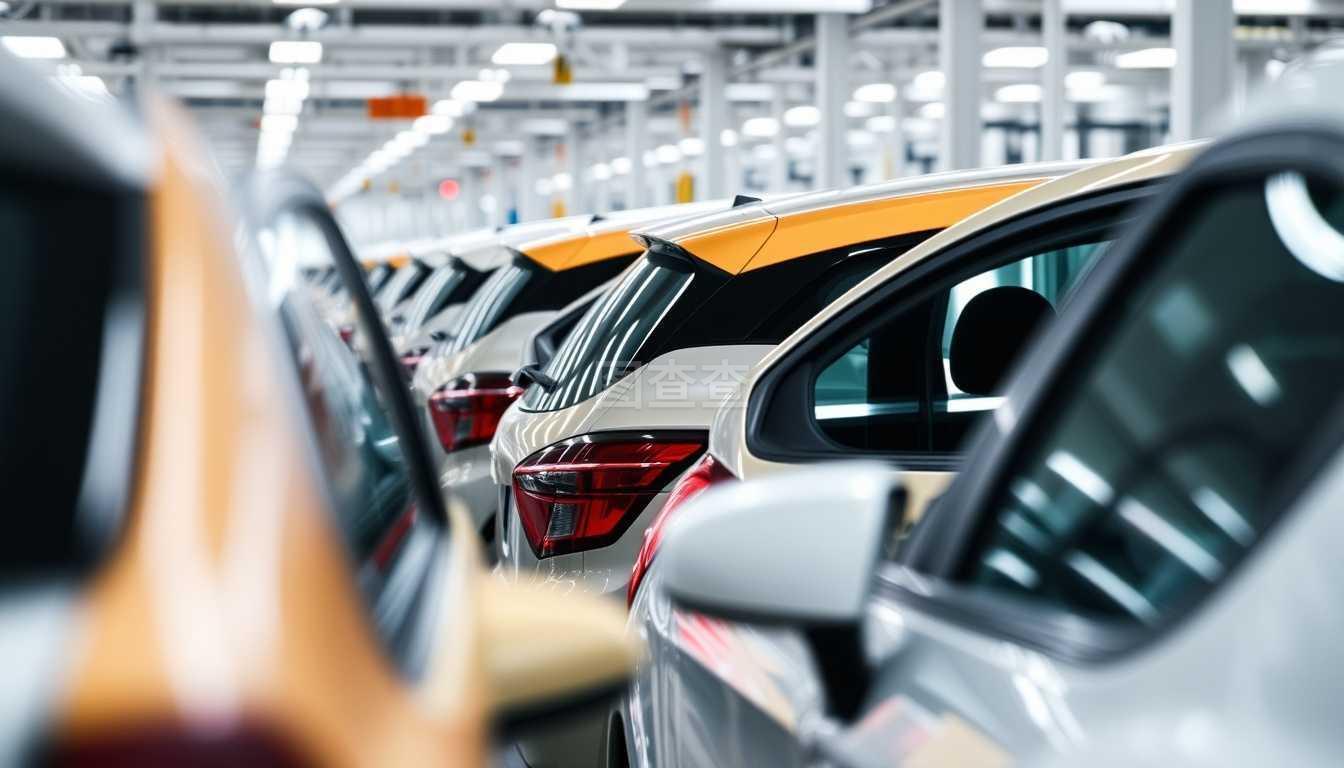 汽车在汽车工厂里排成一排