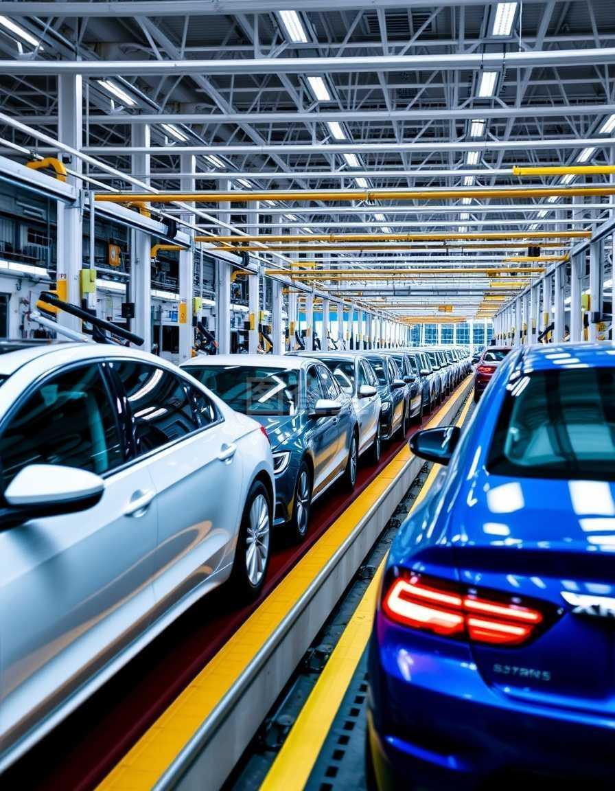 汽车在汽车工厂里排成一排